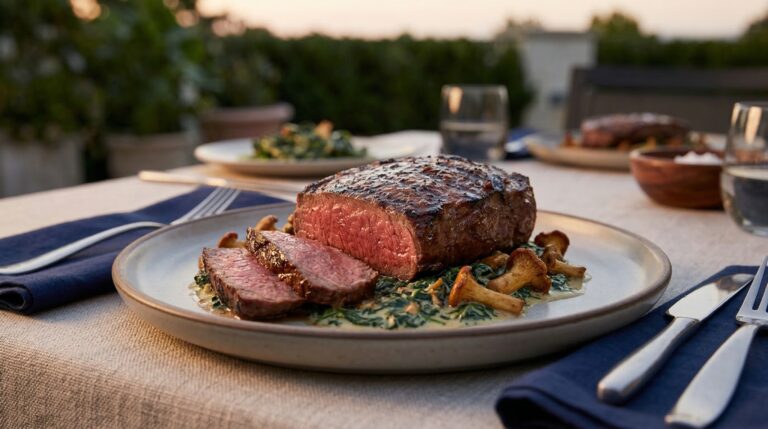 Stunning plated serving of Grilled Prime Ribeye Cap Steaks (Spinalis), a chef-tested recipe by Chef Jorj Morgan.