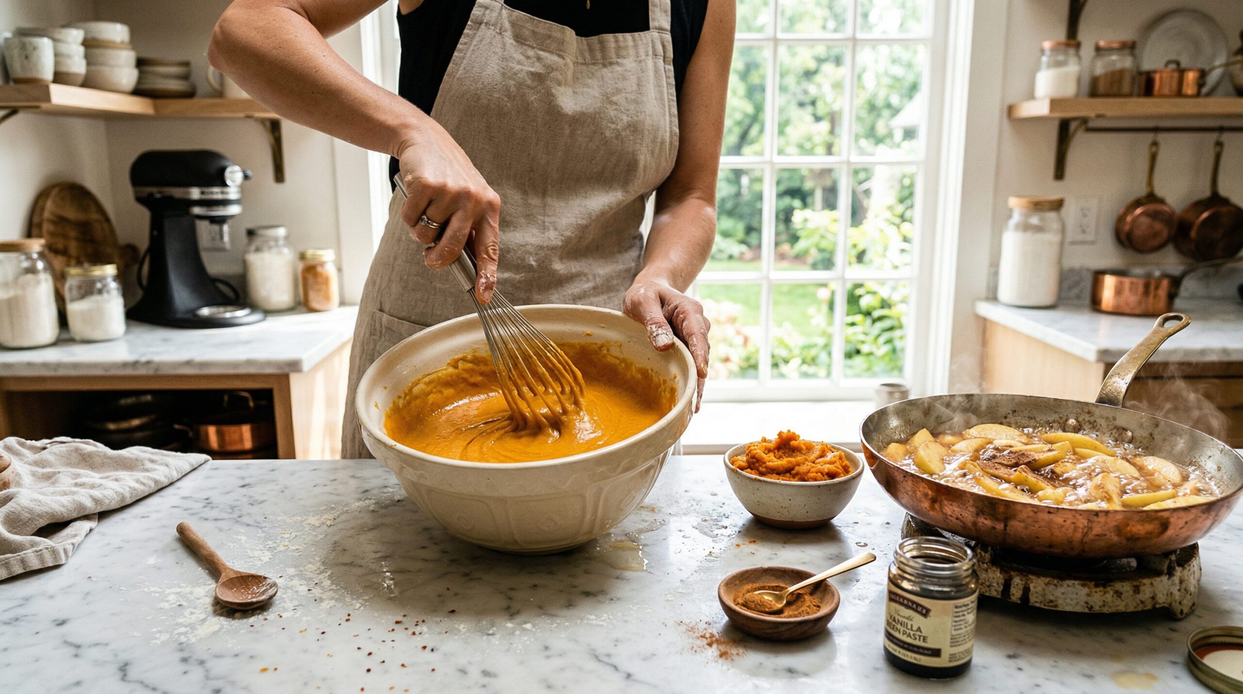 Pumpkin pancake batter with pumpkin puree and spices beside sliced Granny Smith apples and brown sugar