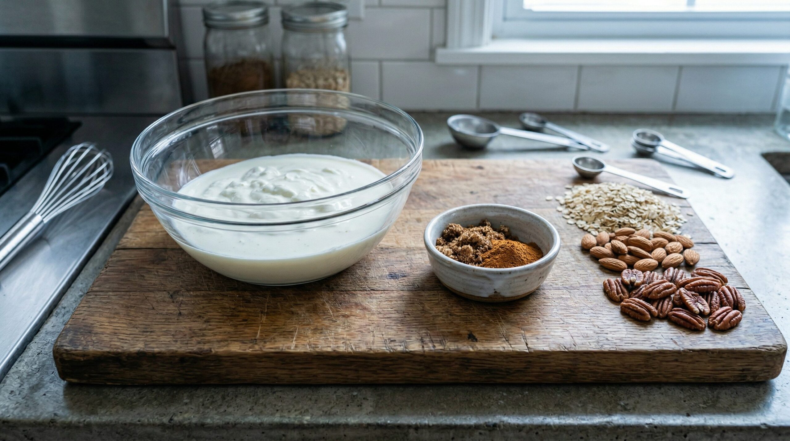 Ingredients for Pumpkin Spice Yogurt with Granola & Berries arranged for preparation