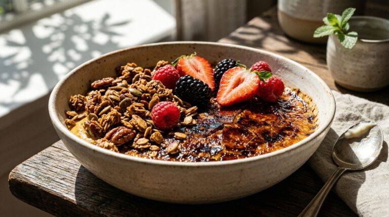 Stunning plated serving of Pumpkin Spice Yogurt with Granola & Berries, a chef-tested recipe by Chef Jorj Morgan.