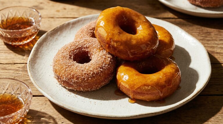 Stunning plated serving of Pumpkin-Spiced Donuts & Maple Glaze, a chef-tested recipe by Chef Jorj Morgan.