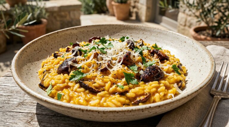 Stunning plated serving of Pumpkin & Wild Mushroom Risotto, a chef-tested recipe by Chef Jorj Morgan.