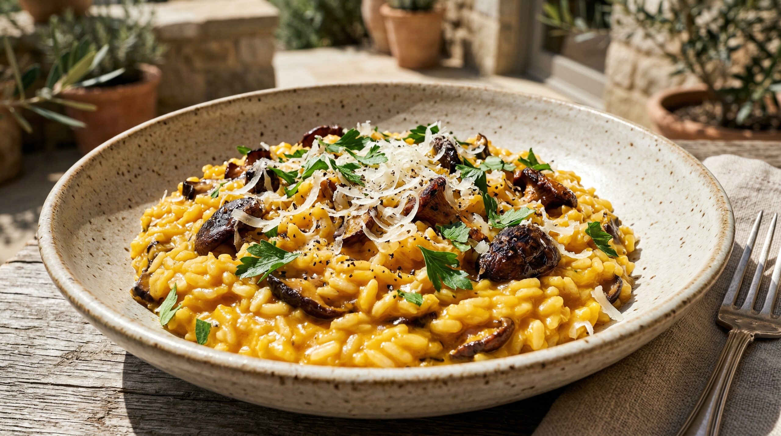 Stunning plated serving of Pumpkin & Wild Mushroom Risotto, a chef-tested recipe by Chef Jorj Morgan.