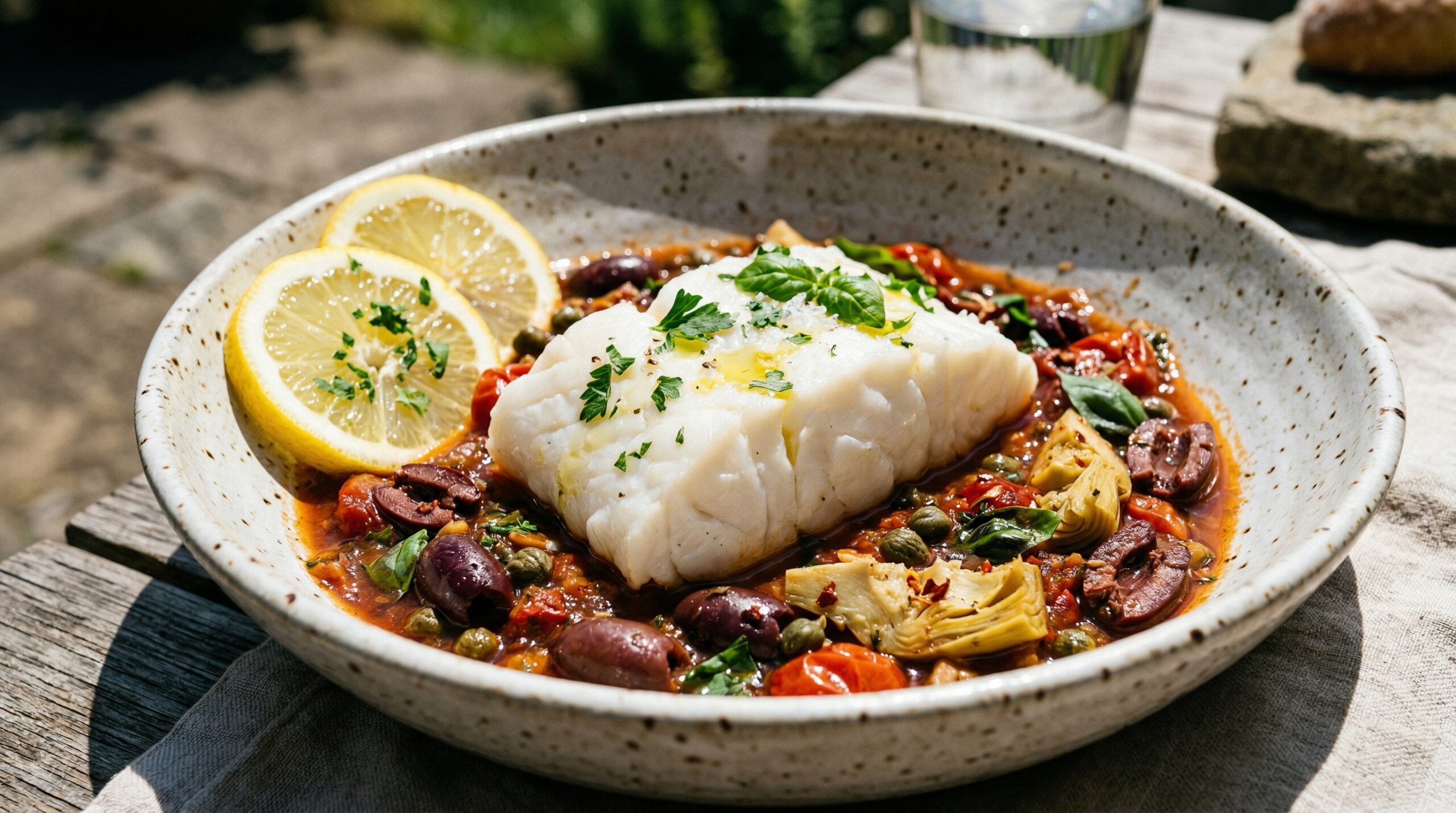 Stunning plated serving of Puttanesca Poached Cod, a chef-tested recipe by Chef Jorj Morgan.