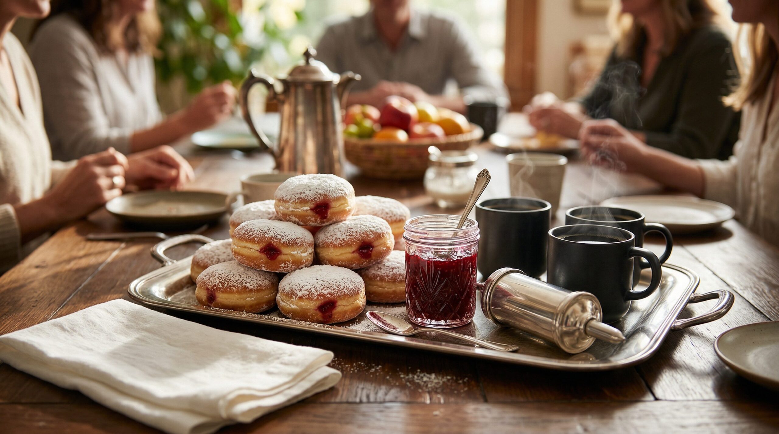 Raspberry Jelly Donuts plated and served on an estate table