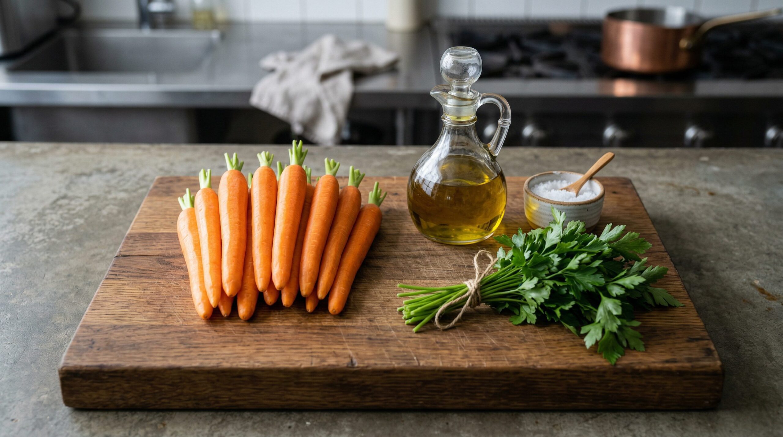 Peeled whole carrots and extra virgin olive oil arranged in a skillet for poaching
