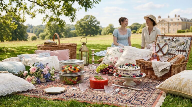 Stunning plated serving of Chilled Pesto Chicken Salad & Gazpacho Picnic Menu, a chef-tested recipe by Chef Jorj Morgan.