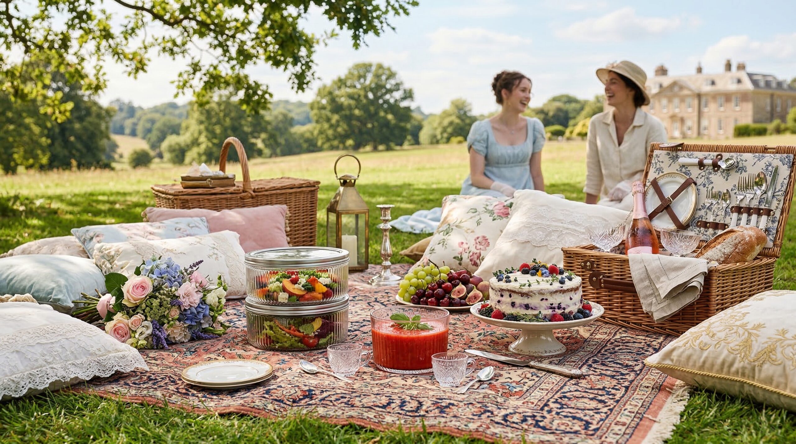 Stunning plated serving of Chilled Pesto Chicken Salad & Gazpacho Picnic Menu, a chef-tested recipe by Chef Jorj Morgan.