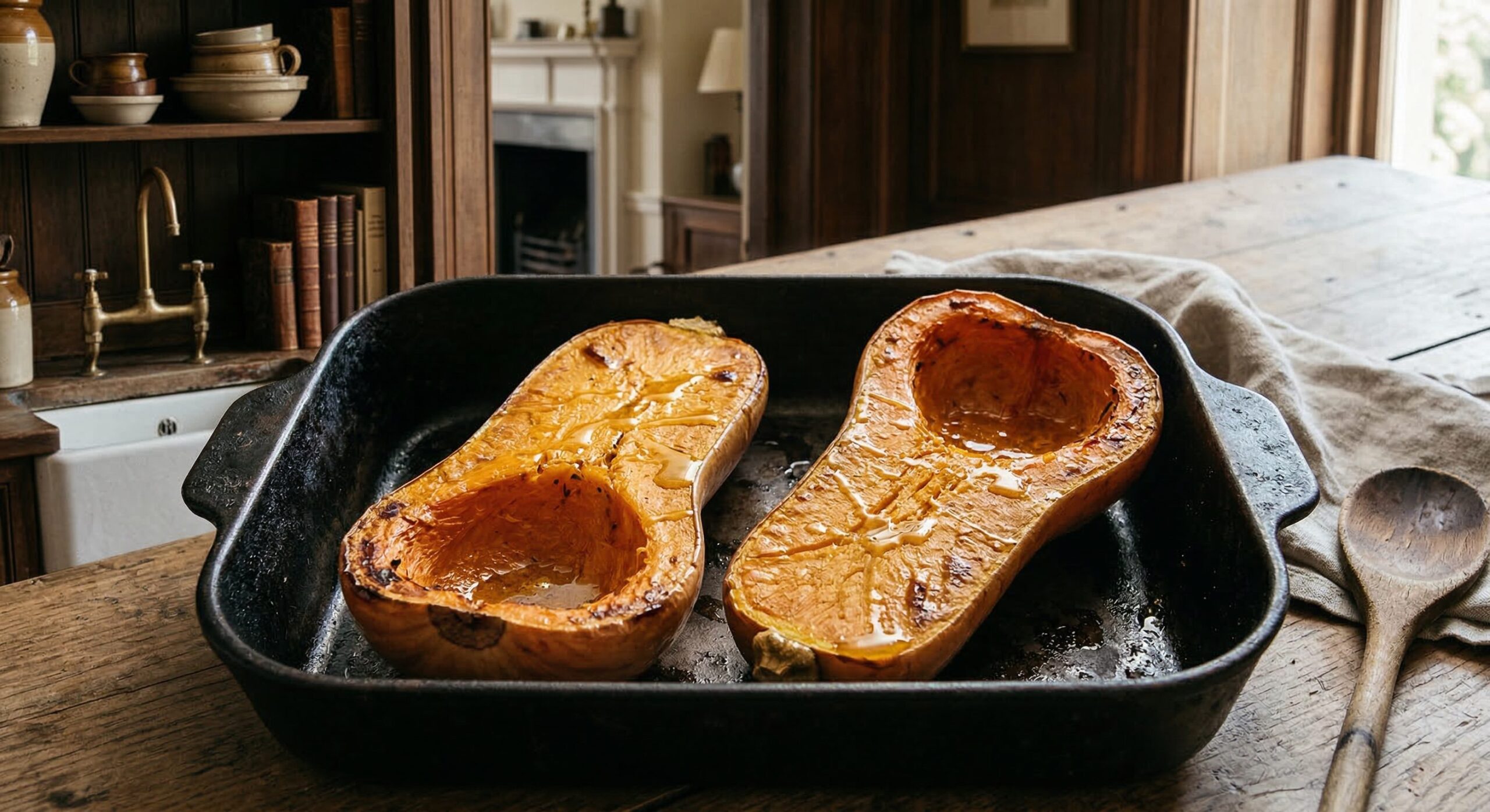 Halved butternut squash roasting cut-side down, alongside fettuccine, sage leaves, sherry, and cream for the sauce