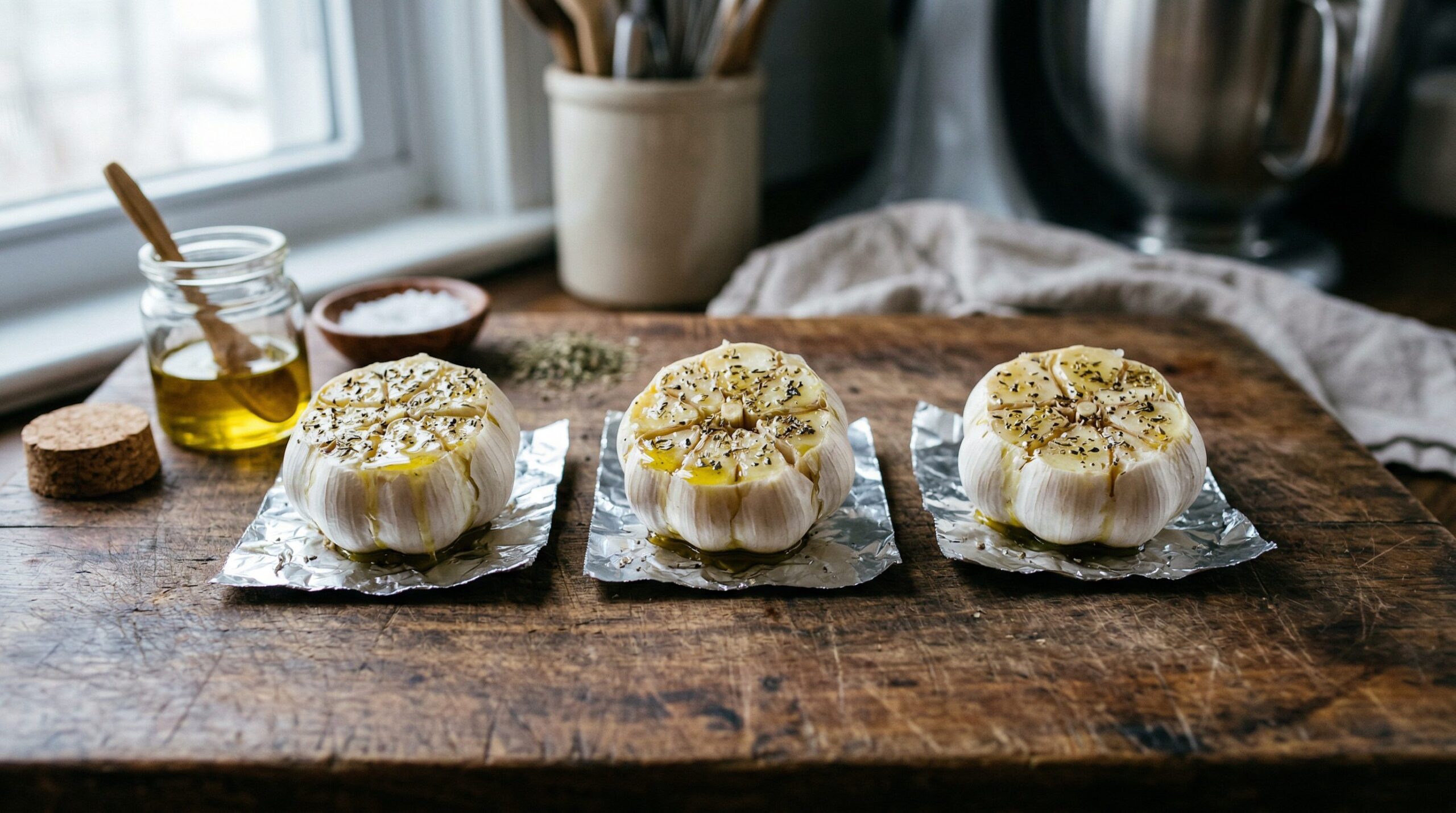 Three heads of garlic drizzled with olive oil and herbs, wrapped in foil for roasting