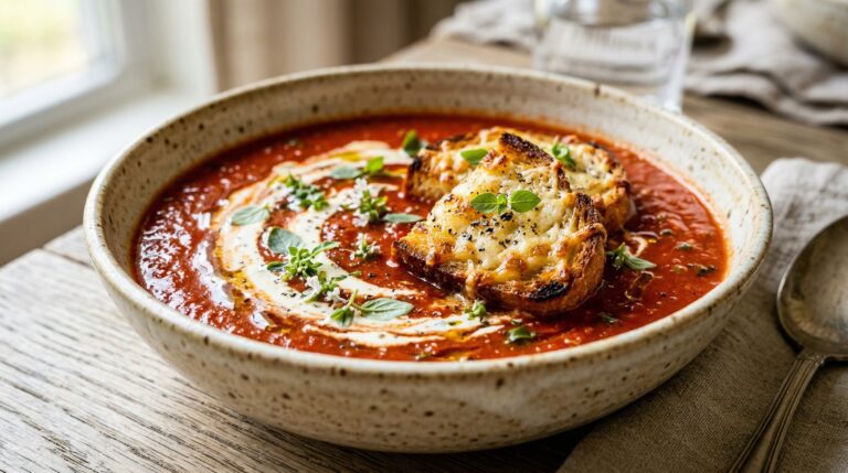 Stunning plated serving of Roasted Garlic & Tomato Basil Soup, a chef-tested recipe by Chef Jorj Morgan.