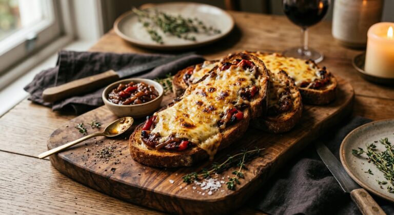 Stunning plated serving of Welsh Rarebit with Roasted Red Pepper Chutney, a chef-tested recipe by Chef Jorj Morgan.