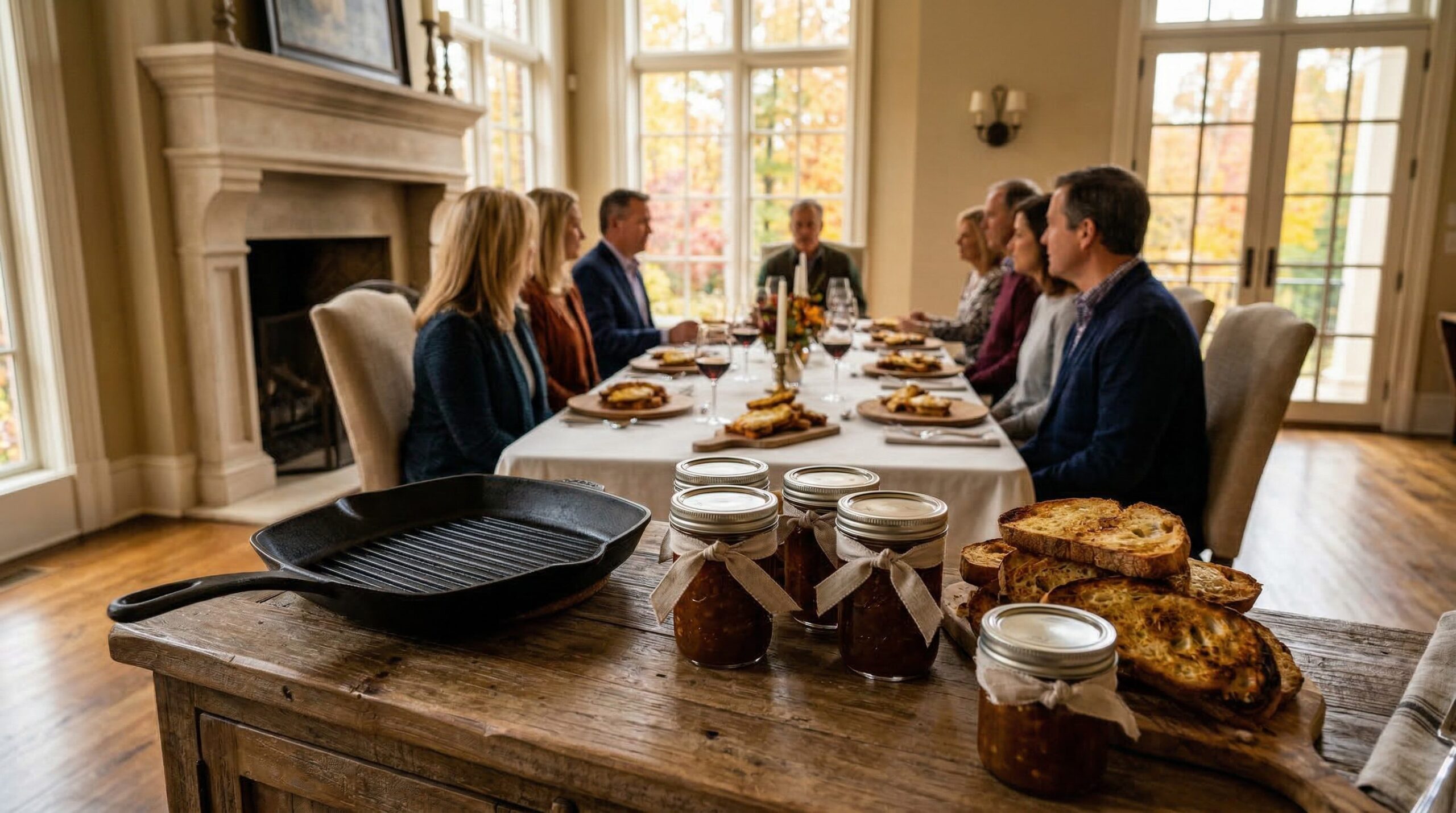 Welsh rarebit with roasted red pepper chutney on toasted bread at a cozy estate table