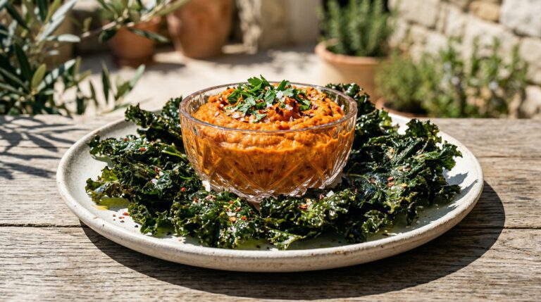 Stunning plated serving of Roasted Red Pepper Spread & Baked Kale Chips, a chef-tested recipe by Chef Jorj Morgan.