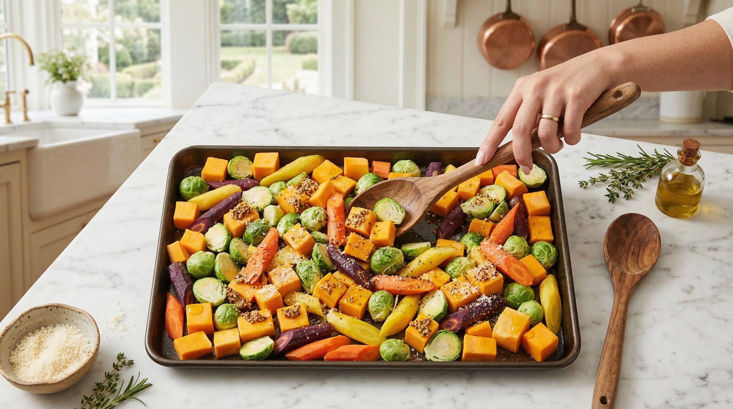 Beets, carrots, potatoes, Brussels sprouts, and butternut squash arranged for roasting