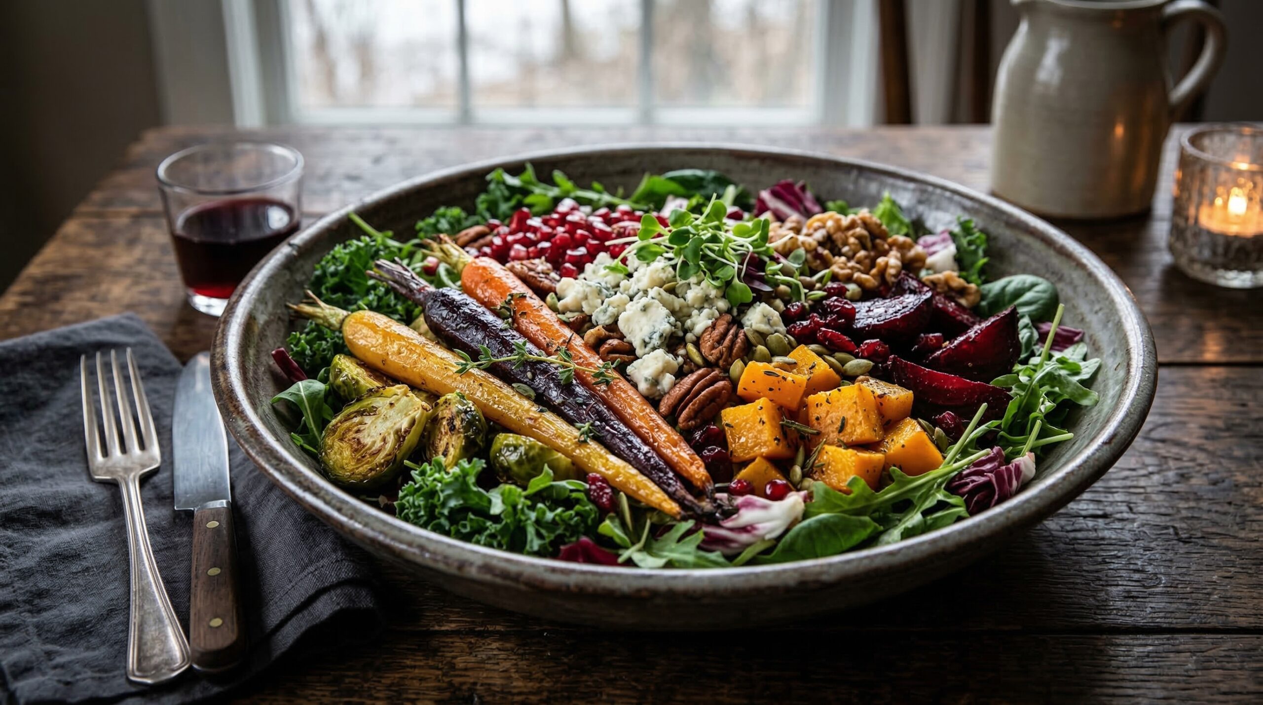 Stunning plated serving of Roasted Winter Harvest Beet and Carrot Salad, a chef-tested recipe by Chef Jorj Morgan.