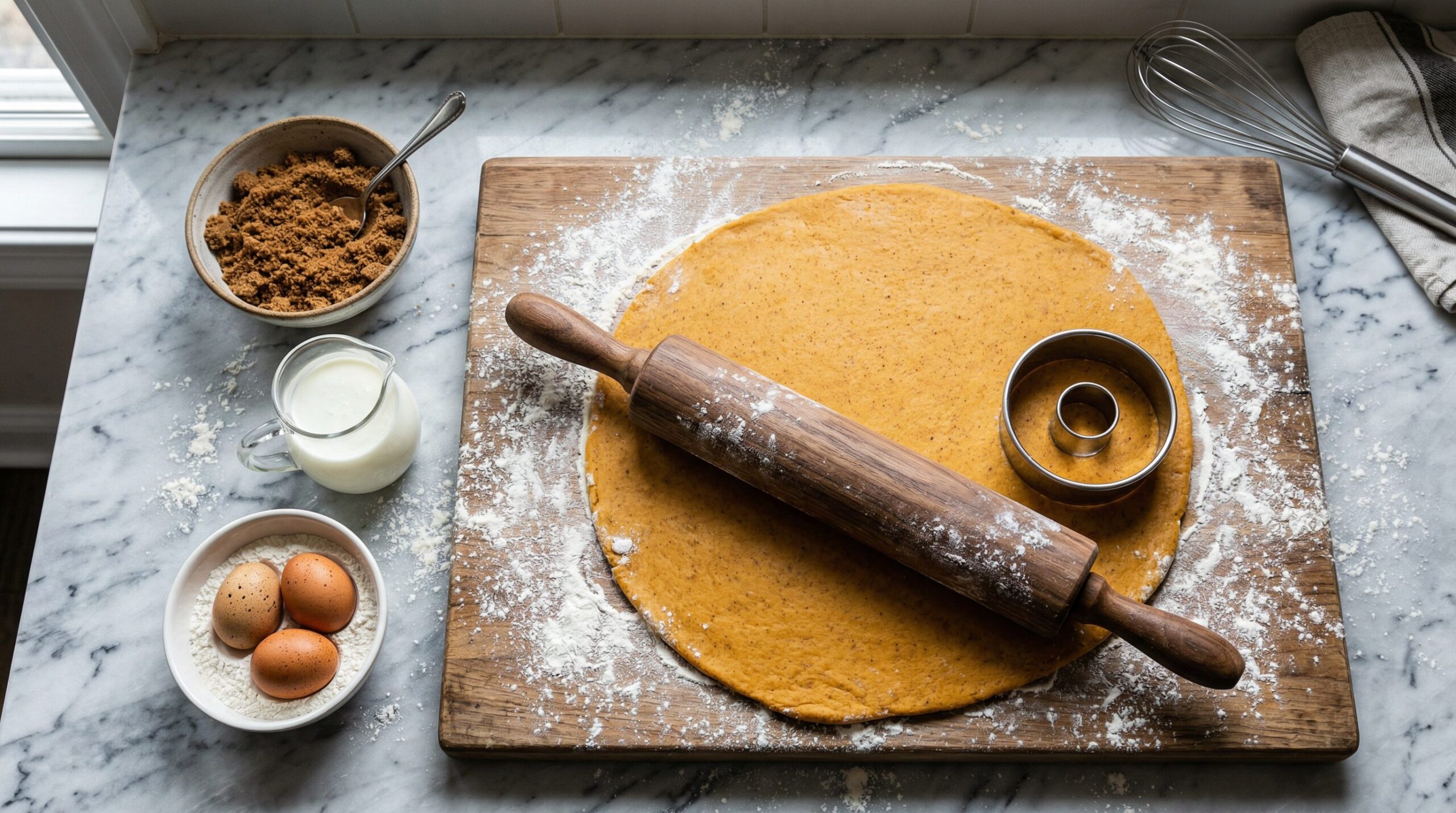 Ingredients for Pumpkin-Spiced Donuts & Maple Glaze arranged for preparation