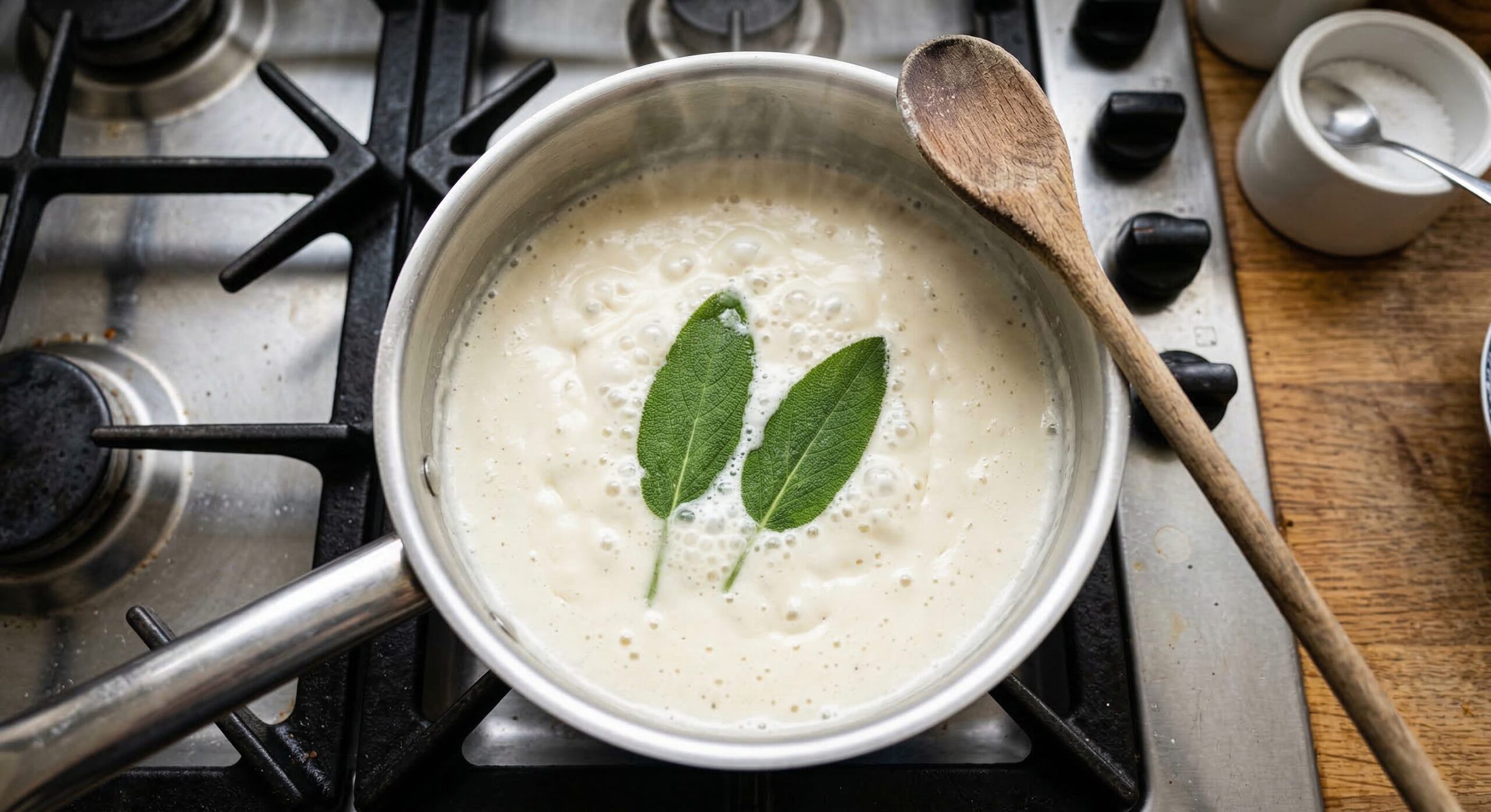 Fresh sage leaves steeping in a simmering sherry cream sauce in a saucepan