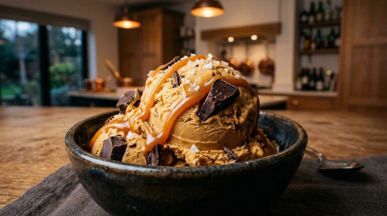 Stunning plated serving of Salted Caramel Ice Cream with Chocolate Chunks, a chef-tested recipe by Chef Jorj Morgan.