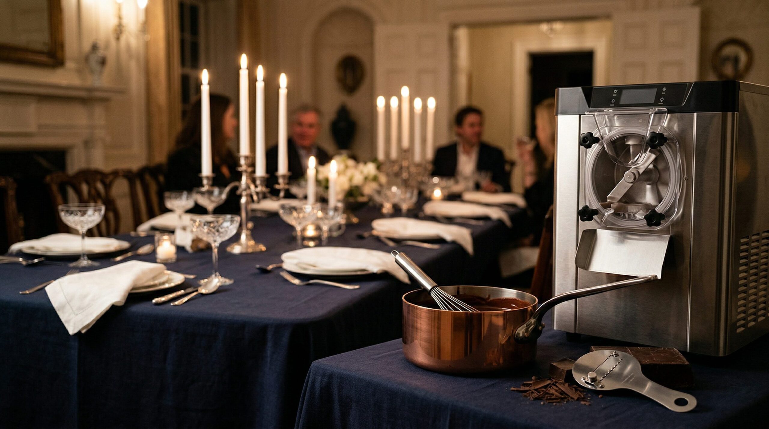 Salted Caramel Ice Cream with Chocolate Chunks plated and served on an estate table