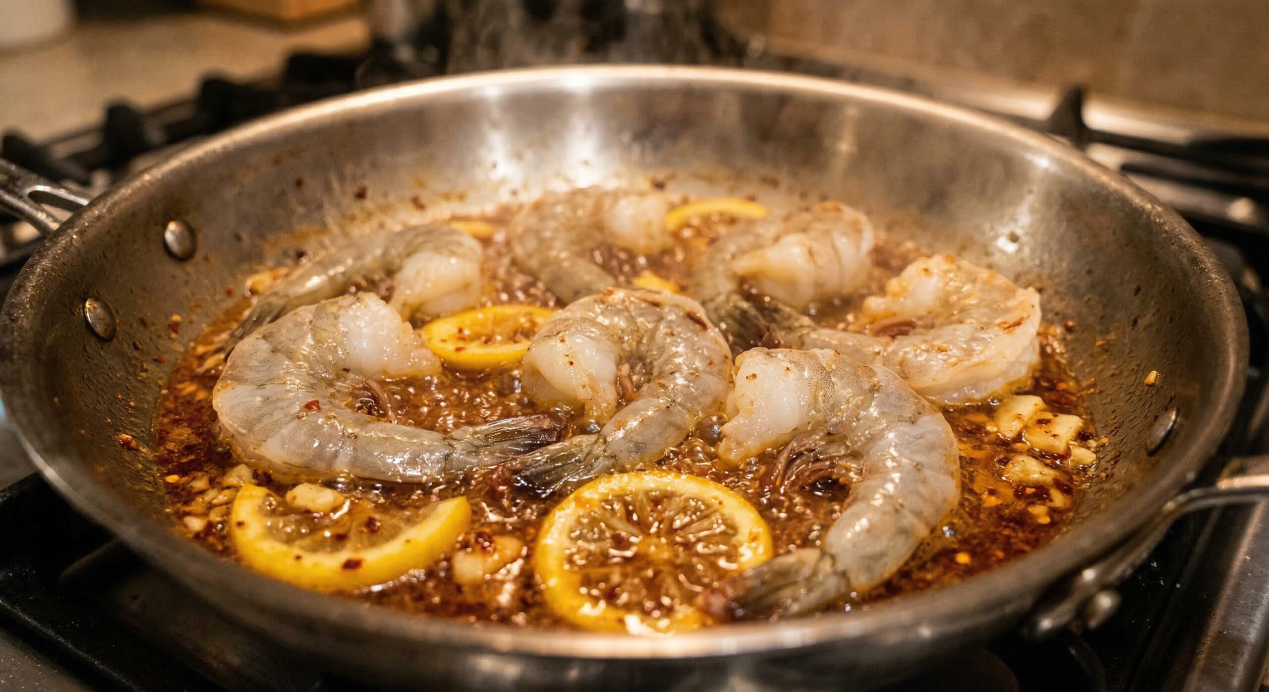 Spicy Cajun Shrimp over Sautéed Baby Spinach being prepared