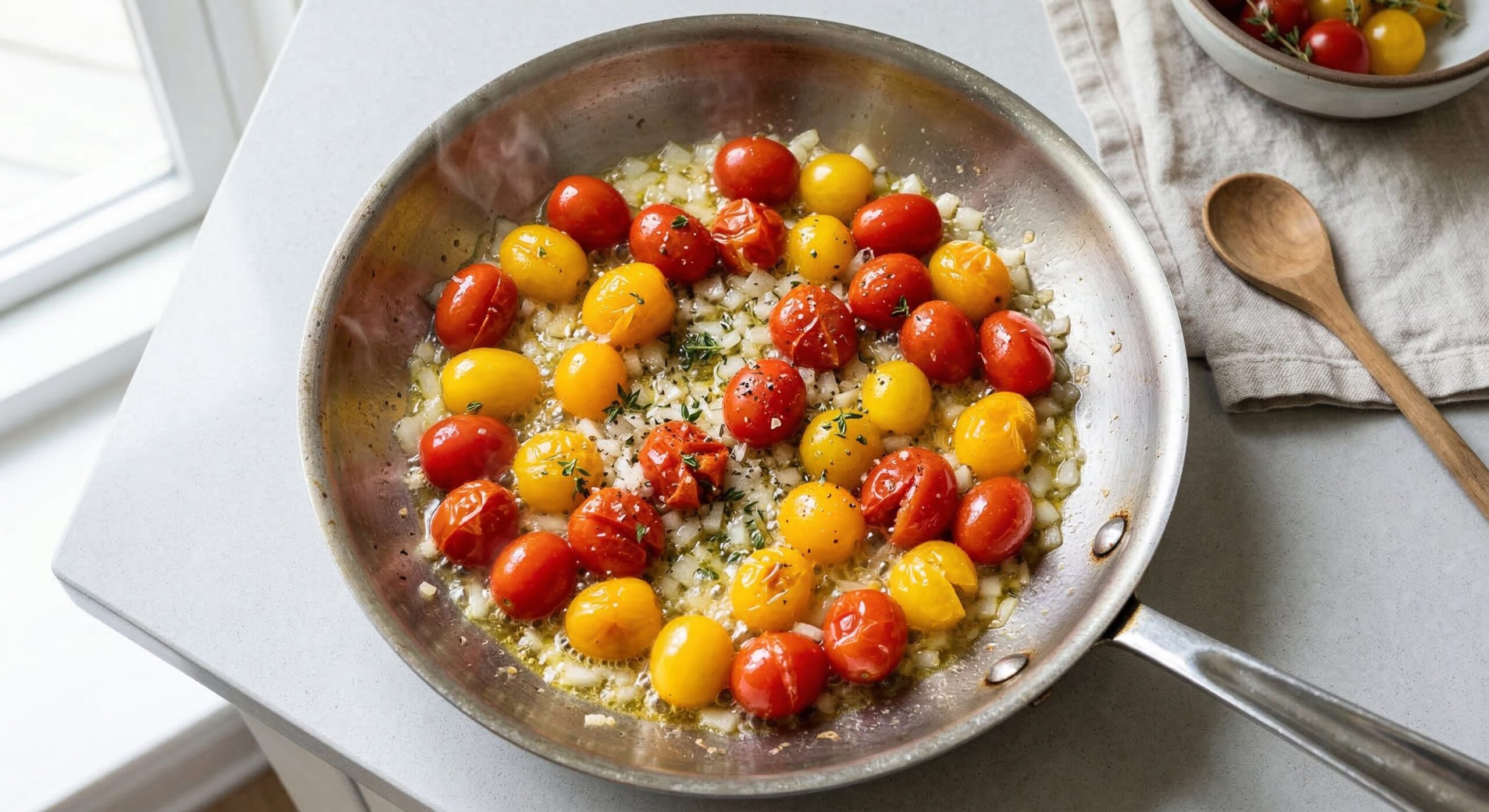 Grape tomatoes and onion sauteing in olive oil for a cheesy tomato soup