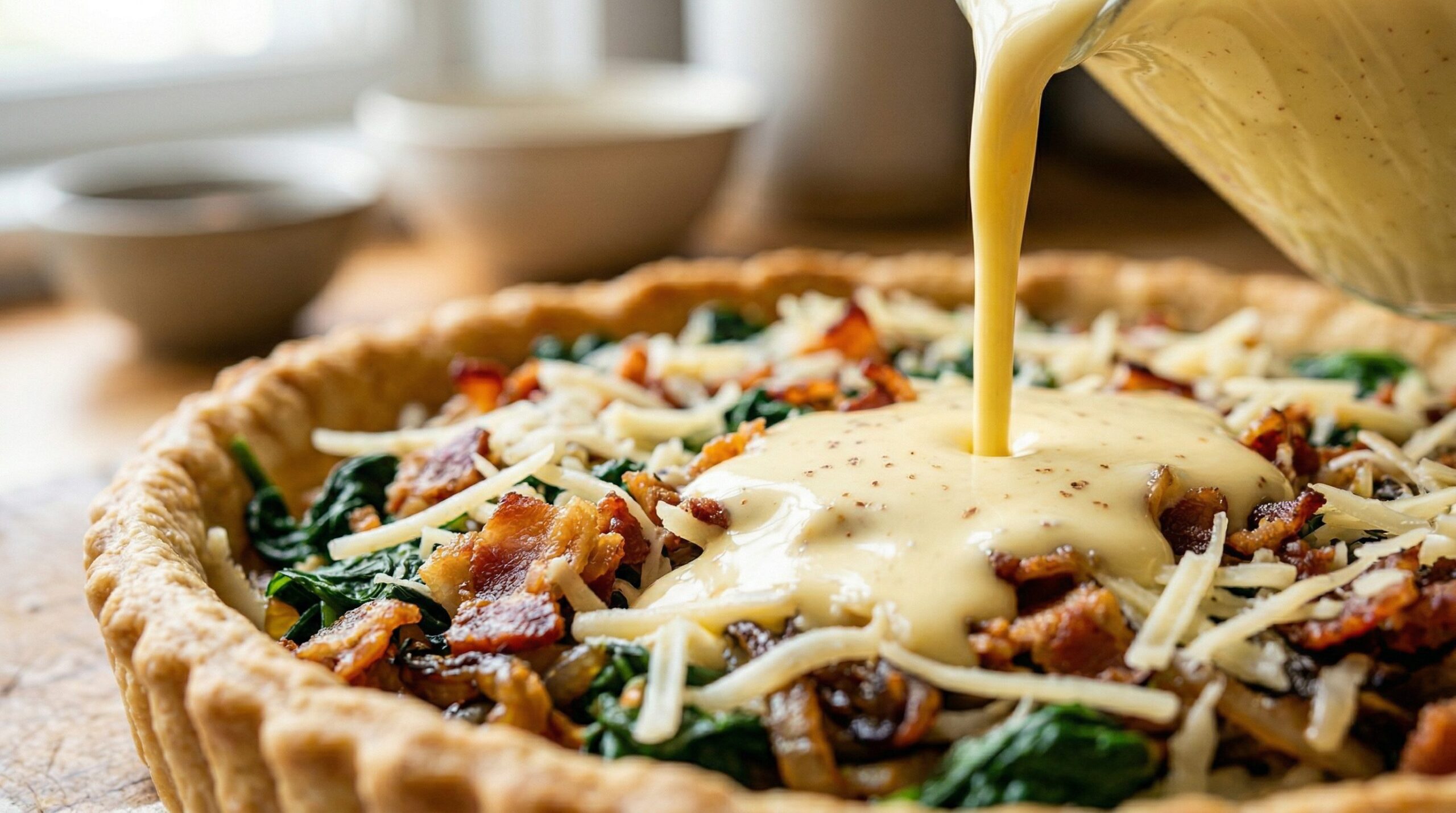 Savory custard being poured over layered bacon, Gruyere, onions, and spinach in a tart shell