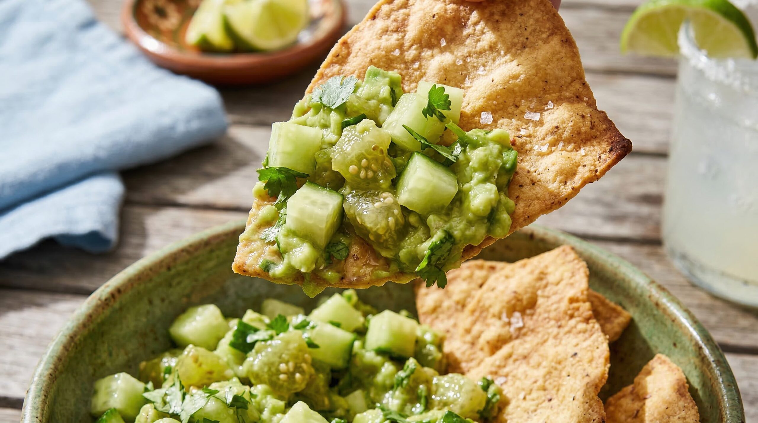 Mashed avocado being folded into chilled green tomatillo pico de gallo