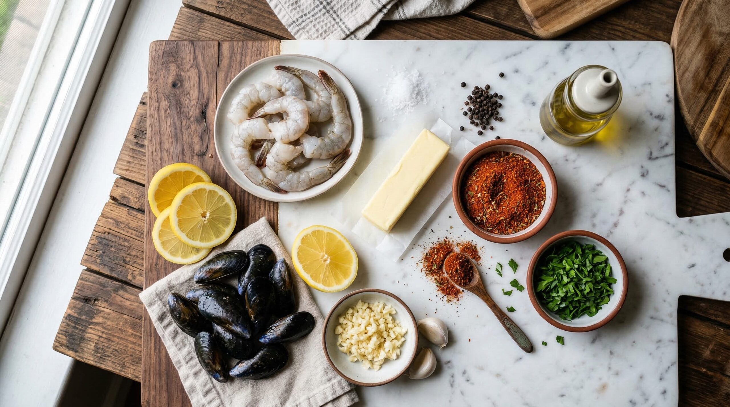 Ingredients for After-Golf Cajun Mussels & Shrimp arranged for preparation
