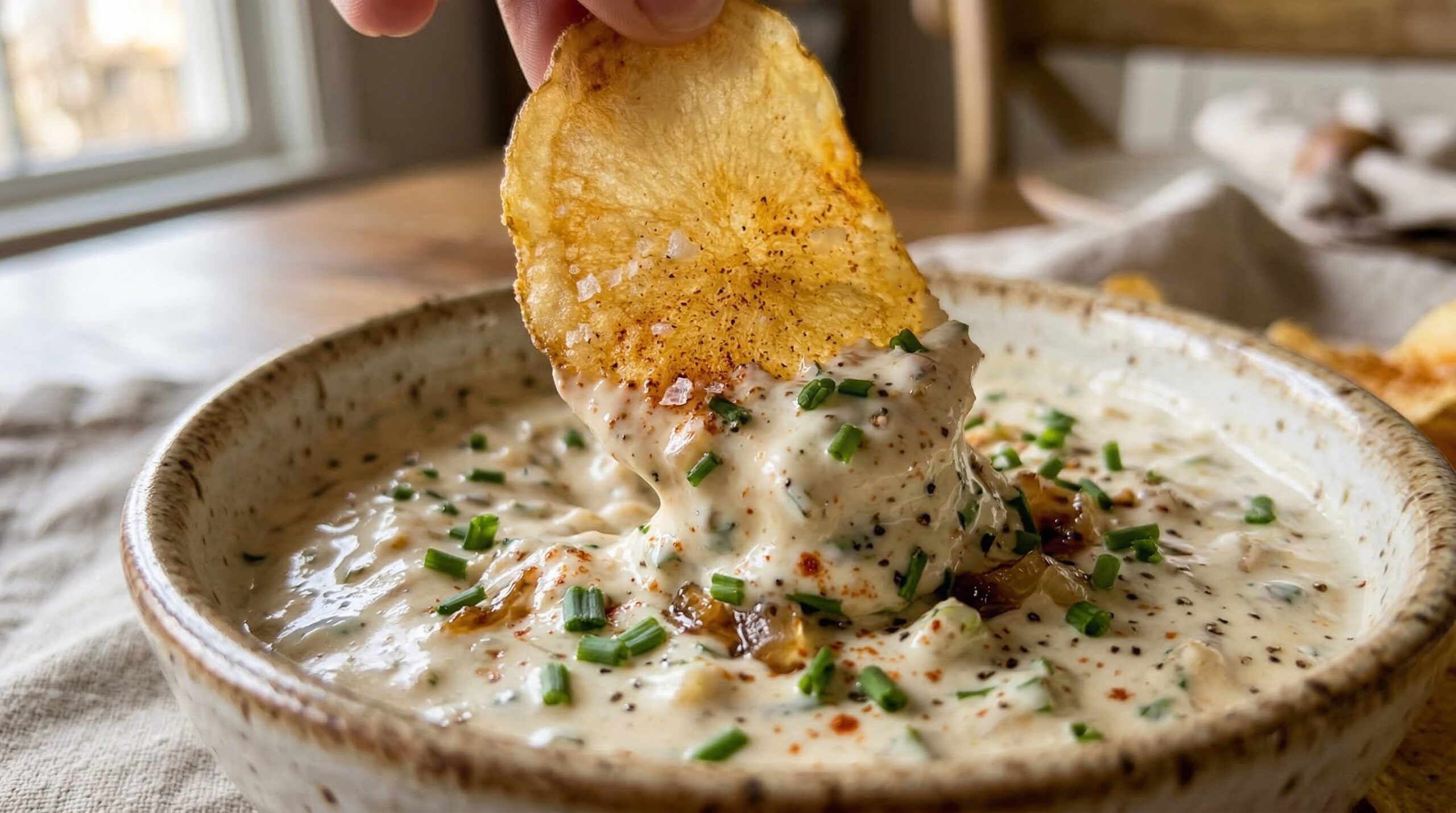 Chips & Caramelized Onion Dip being prepared