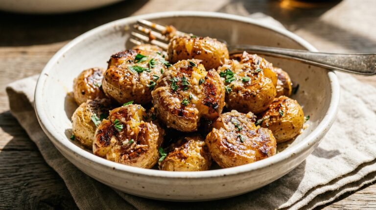 Stunning plated serving of Sheet Pan Roasted Baby Potatoes, a chef-tested recipe by Chef Jorj Morgan.