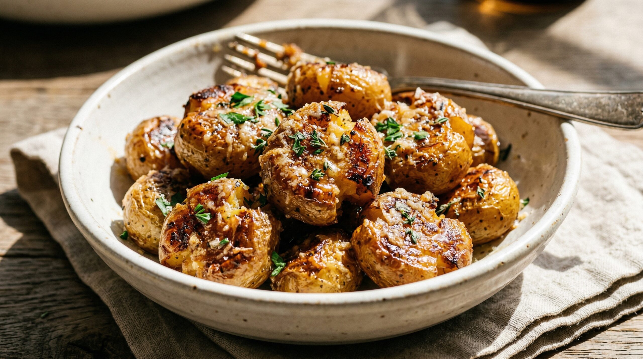Stunning plated serving of Sheet Pan Roasted Baby Potatoes, a chef-tested recipe by Chef Jorj Morgan.