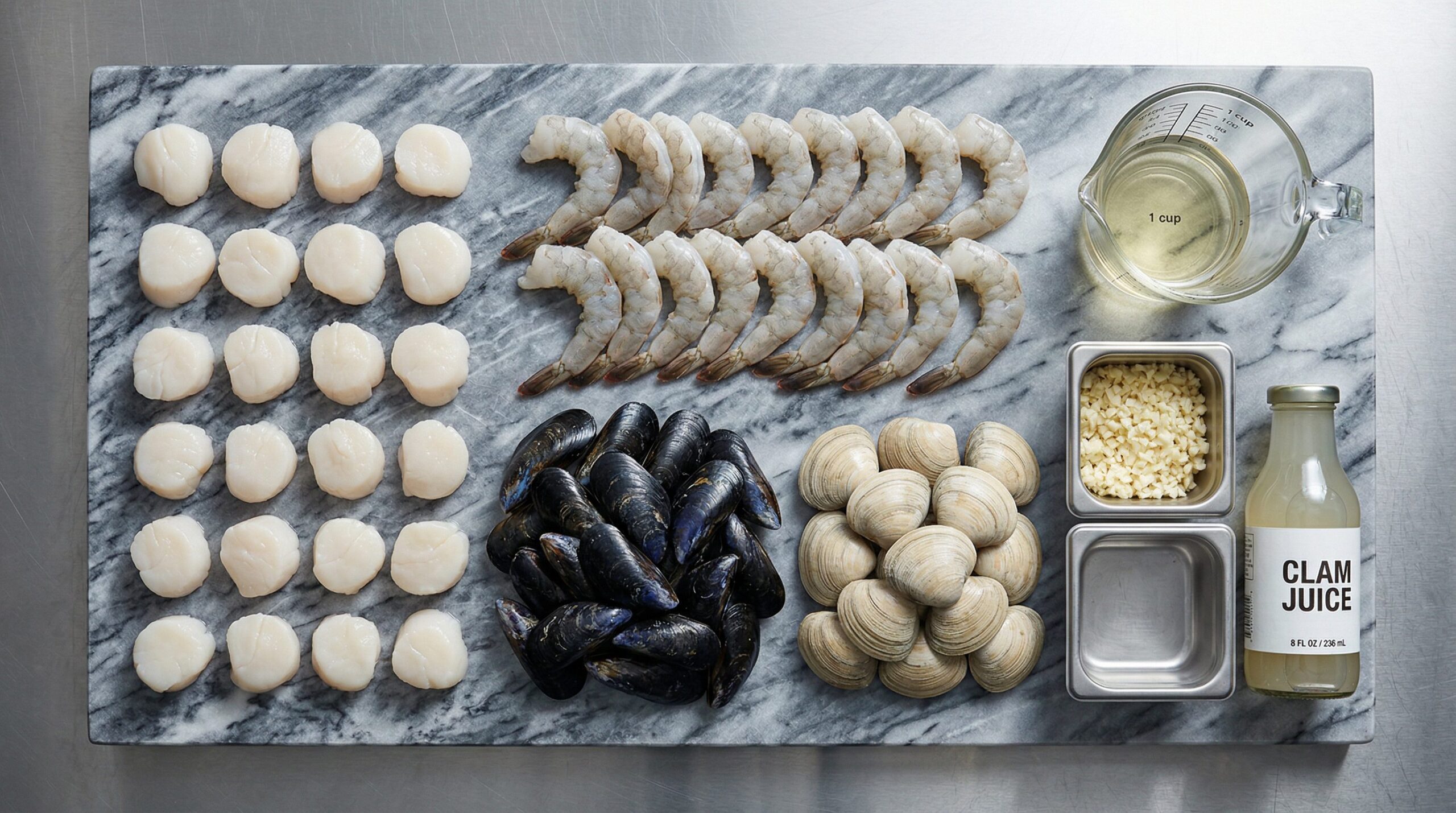 Ingredients for Coastal Seafood Stew arranged for preparation