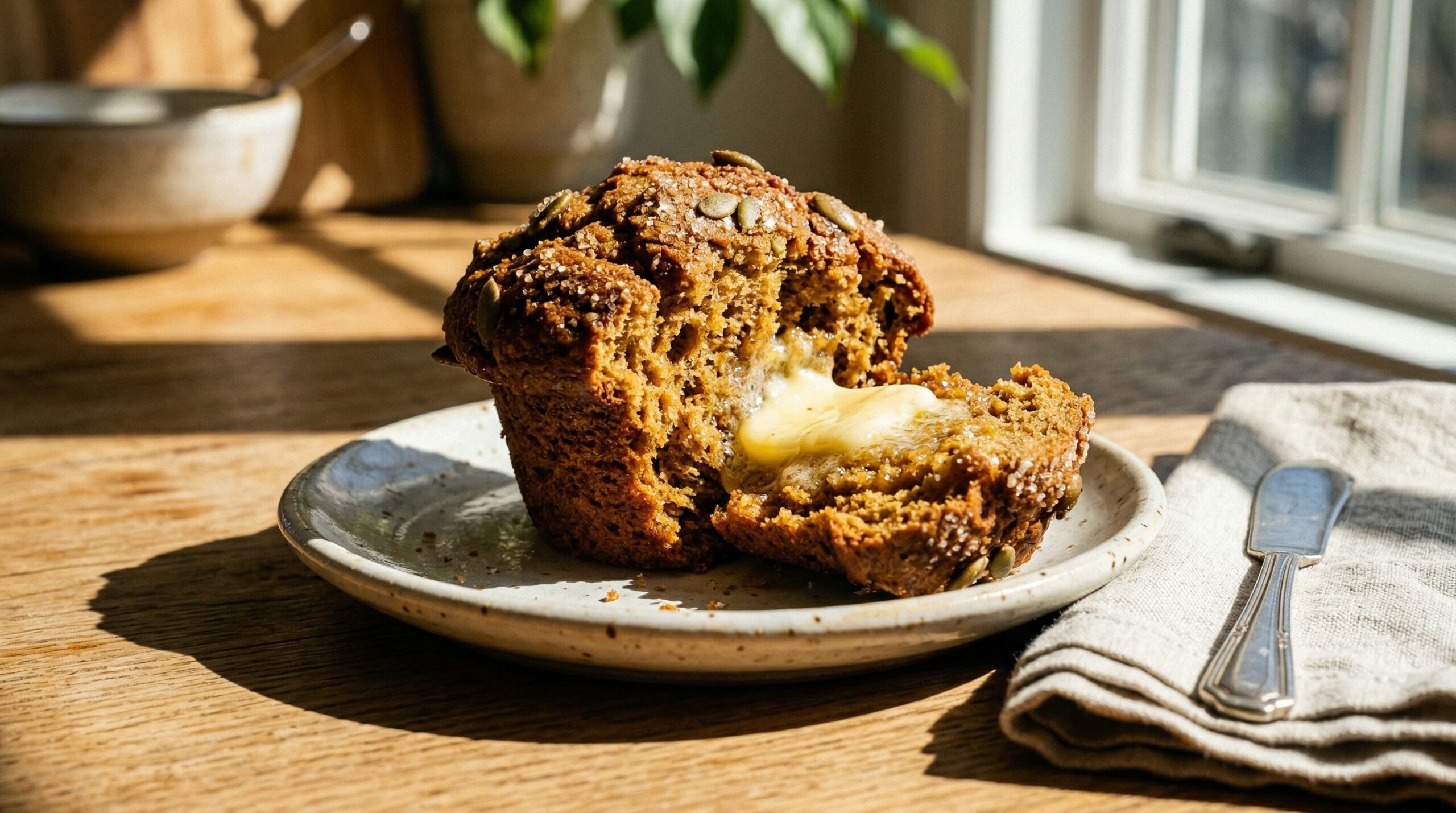 Stunning plated serving of Banana Pumpkin Muffins, a chef-tested recipe by Chef Jorj Morgan.
