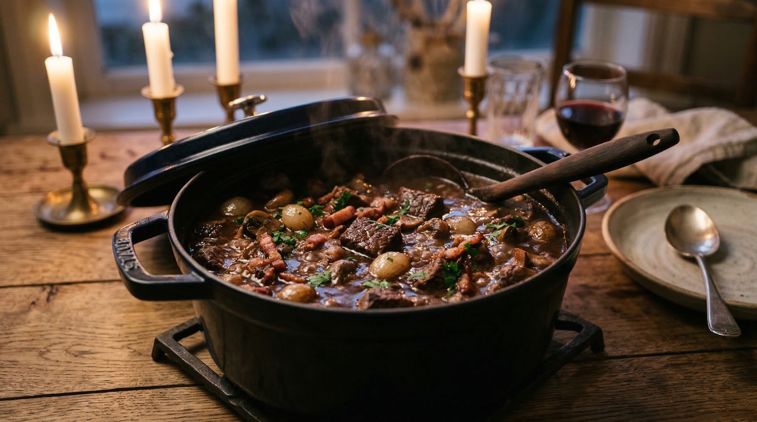 Stunning plated serving of Signature Beef Bourguignon, a chef-tested recipe by Chef Jorj Morgan.