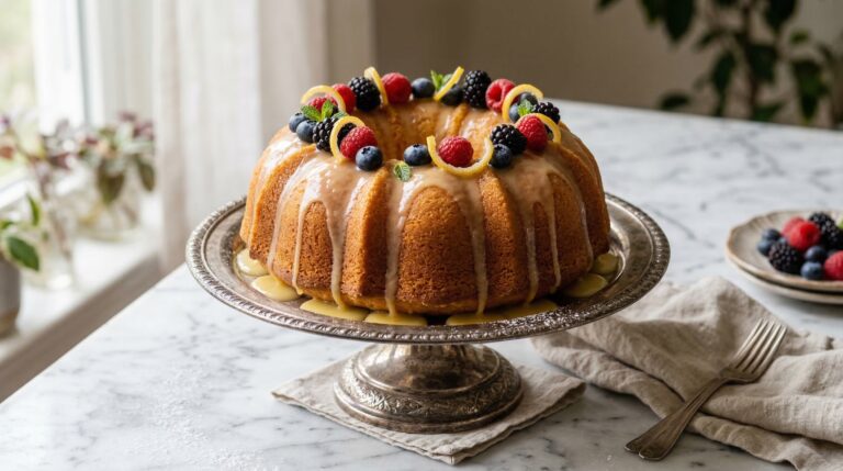 Stunning plated serving of Glazed Buttermilk Citrus Cake, a chef-tested recipe by Chef Jorj Morgan.