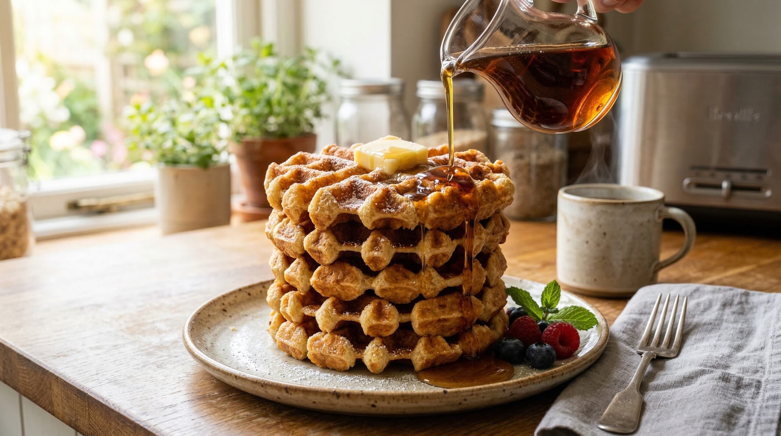 Stunning plated serving of Crispy Homemade Waffles, a chef-tested recipe by Chef Jorj Morgan.