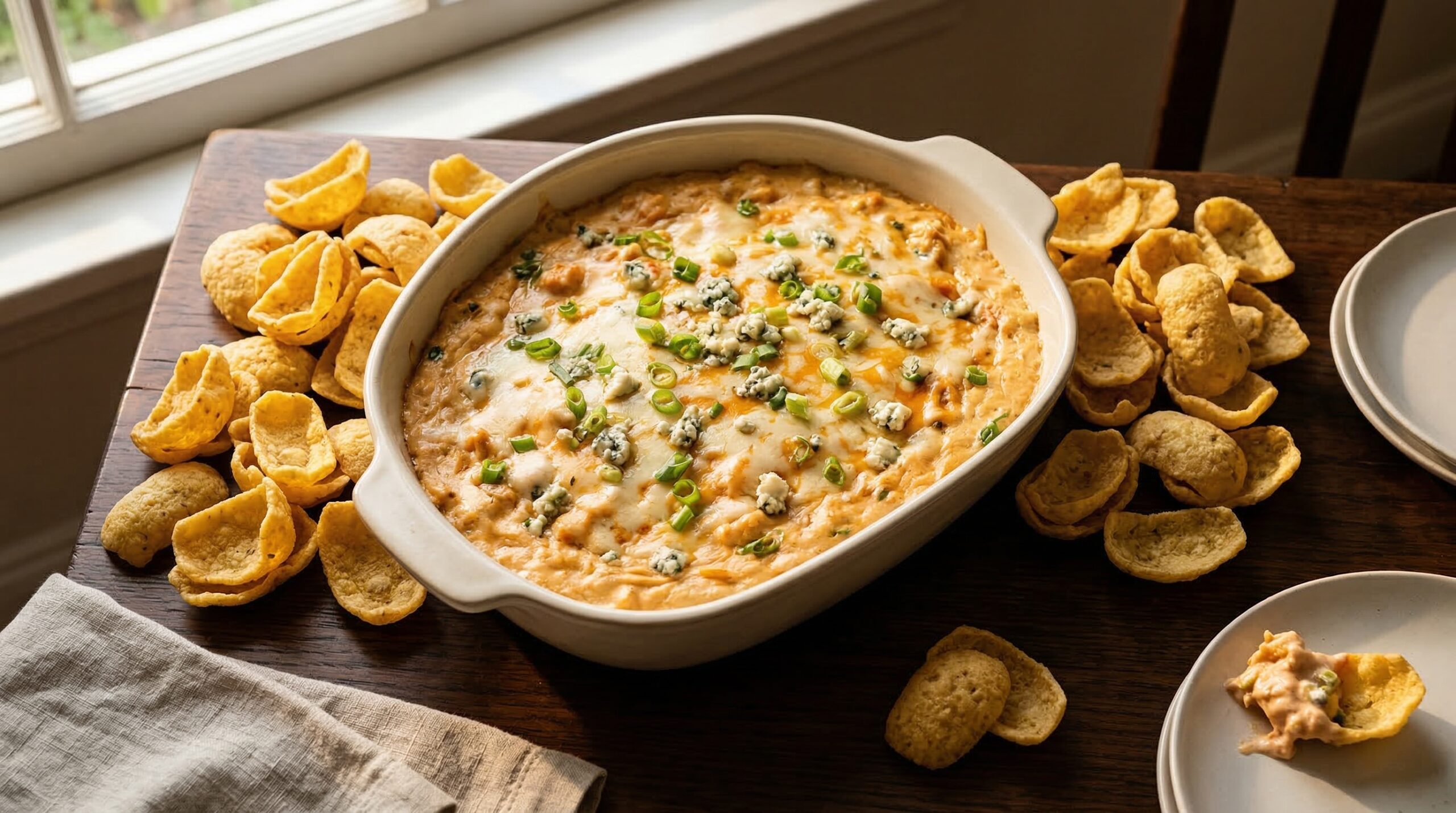 Stunning plated serving of Baked Buffalo Chicken and Sharp Cheddar Dip, a chef-tested recipe by Chef Jorj Morgan.