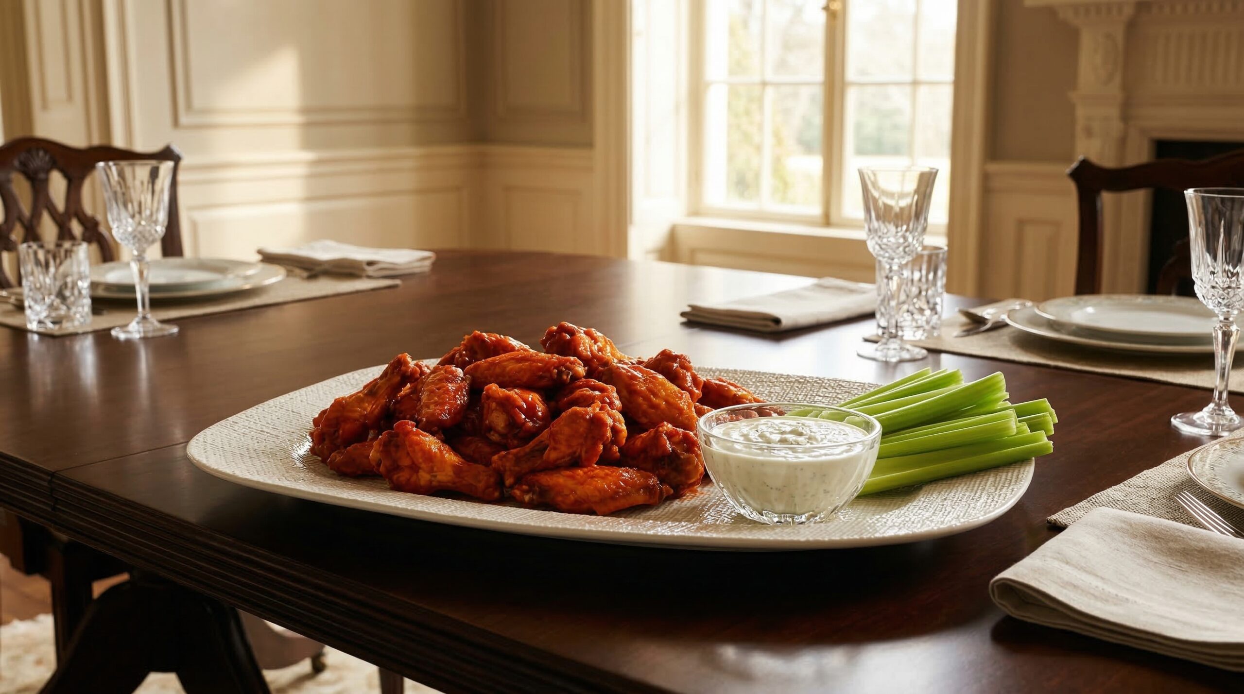 Stunning plated serving of Crispy Garlicky Baked Chicken Wings, a chef-tested recipe by Chef Jorj Morgan.