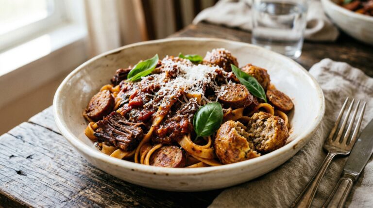 Stunning plated serving of Beef and Pork Italian Sunday Gravy, a chef-tested recipe by Chef Jorj Morgan.