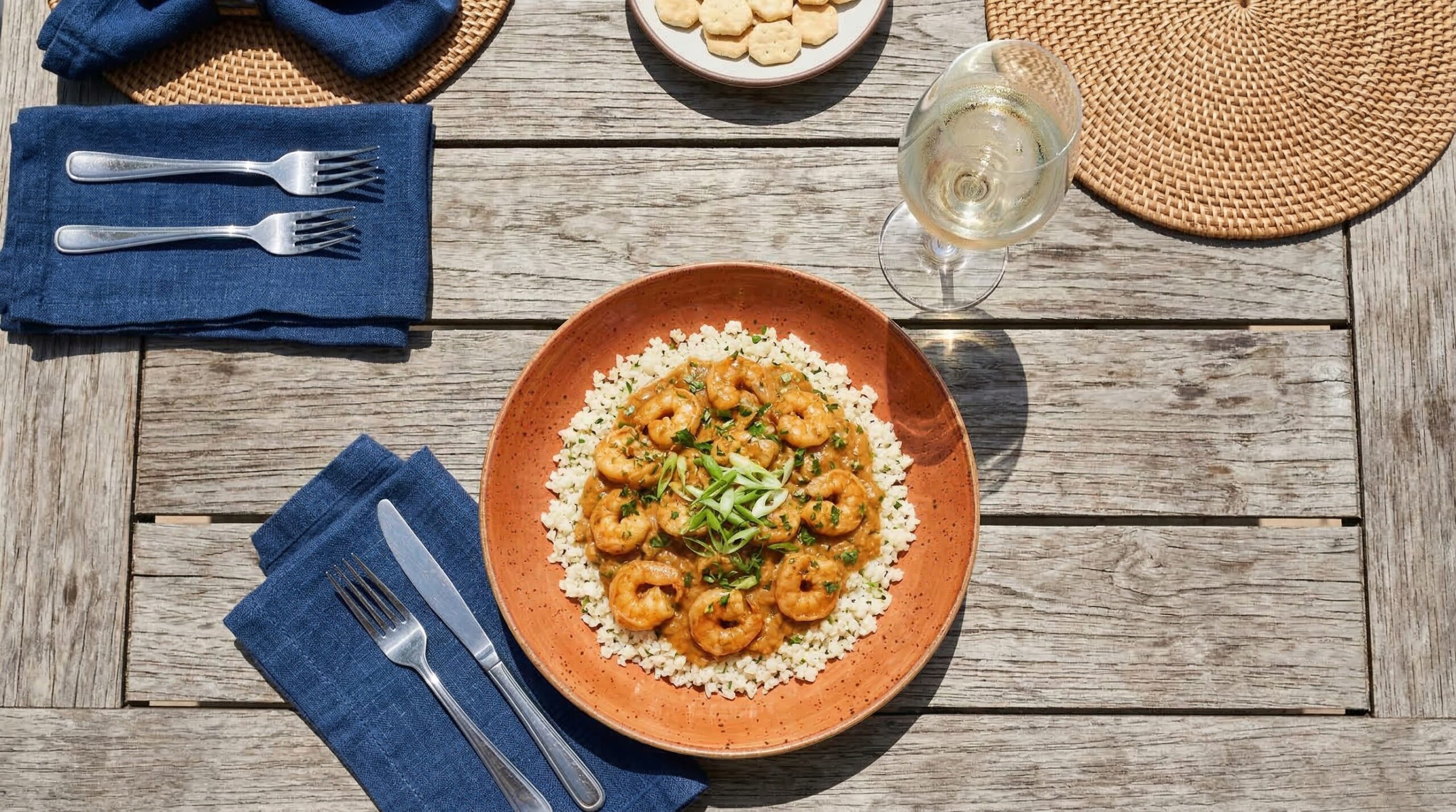 Stunning plated serving of Seafood Étouffée with Cauliflower Rice, a chef-tested recipe by Chef Jorj Morgan.