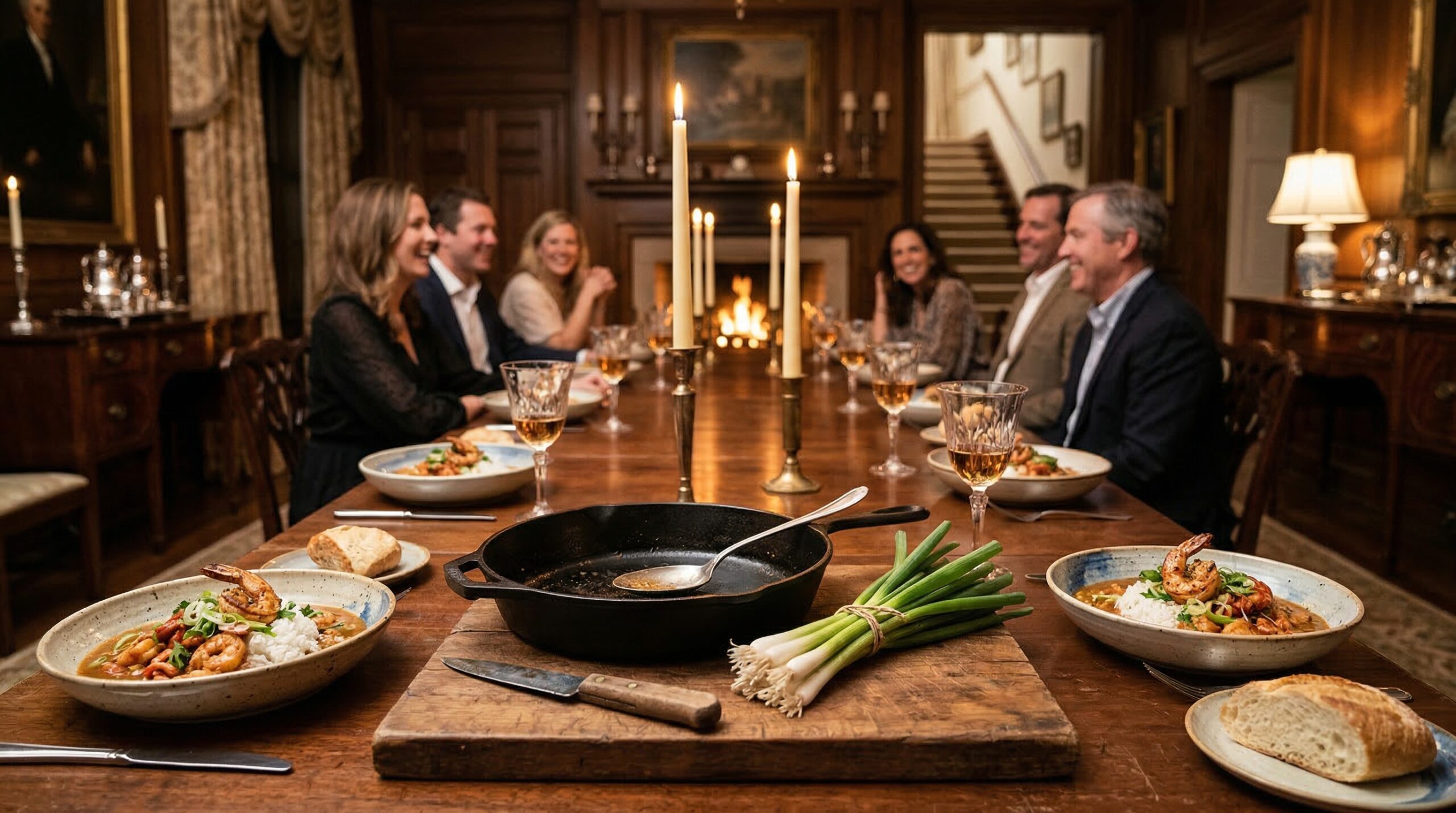 Intimate estate dinner for eight featuring abundant bowls of shrimp u00e9touffu00e9e and sophisticated Southern ambiance