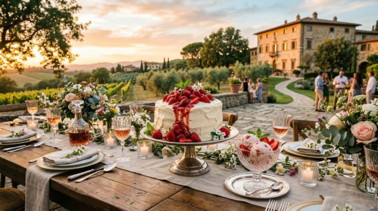 Stunning plated serving of Strawberry Fields Layer Cake & Ice Cream, a chef-tested recipe by Chef Jorj Morgan.