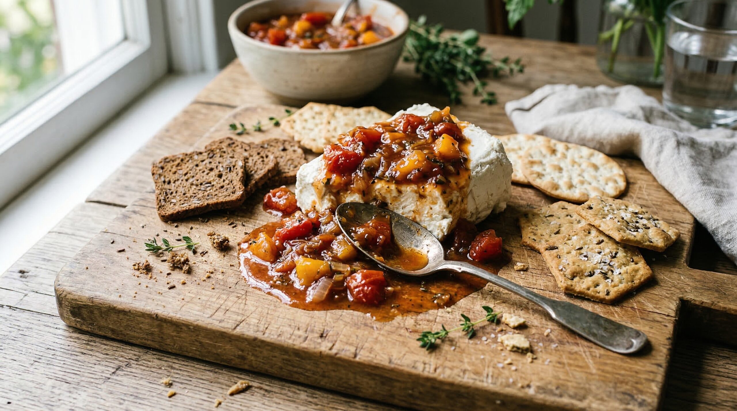 Stunning plated serving of Peach and Poblano Pepper Chutney, a chef-tested recipe by Chef Jorj Morgan.
