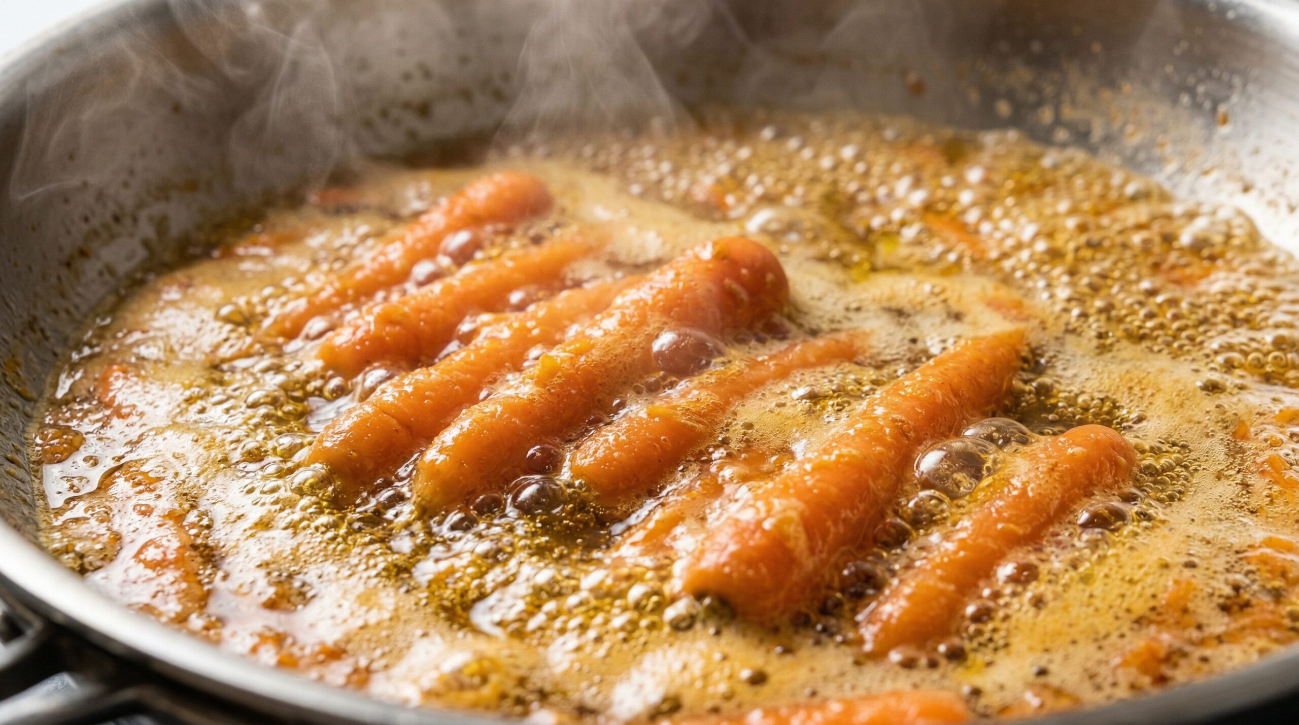 Carrots simmering in an oil and water bath, beginning to glaze as the water evaporates