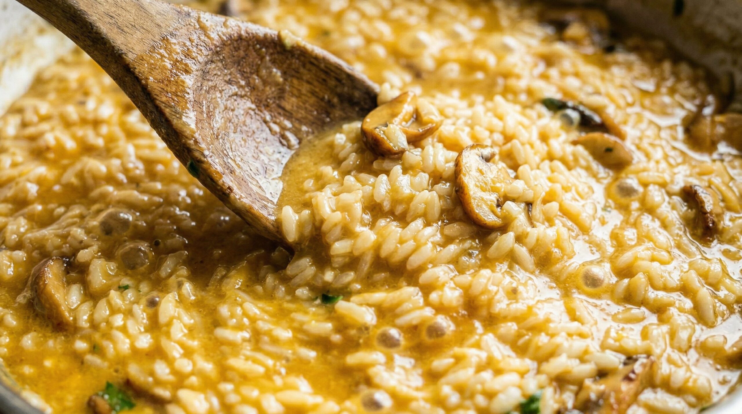 Wild mushrooms searing golden before Arborio rice is toasted and deglazed with Marsala
