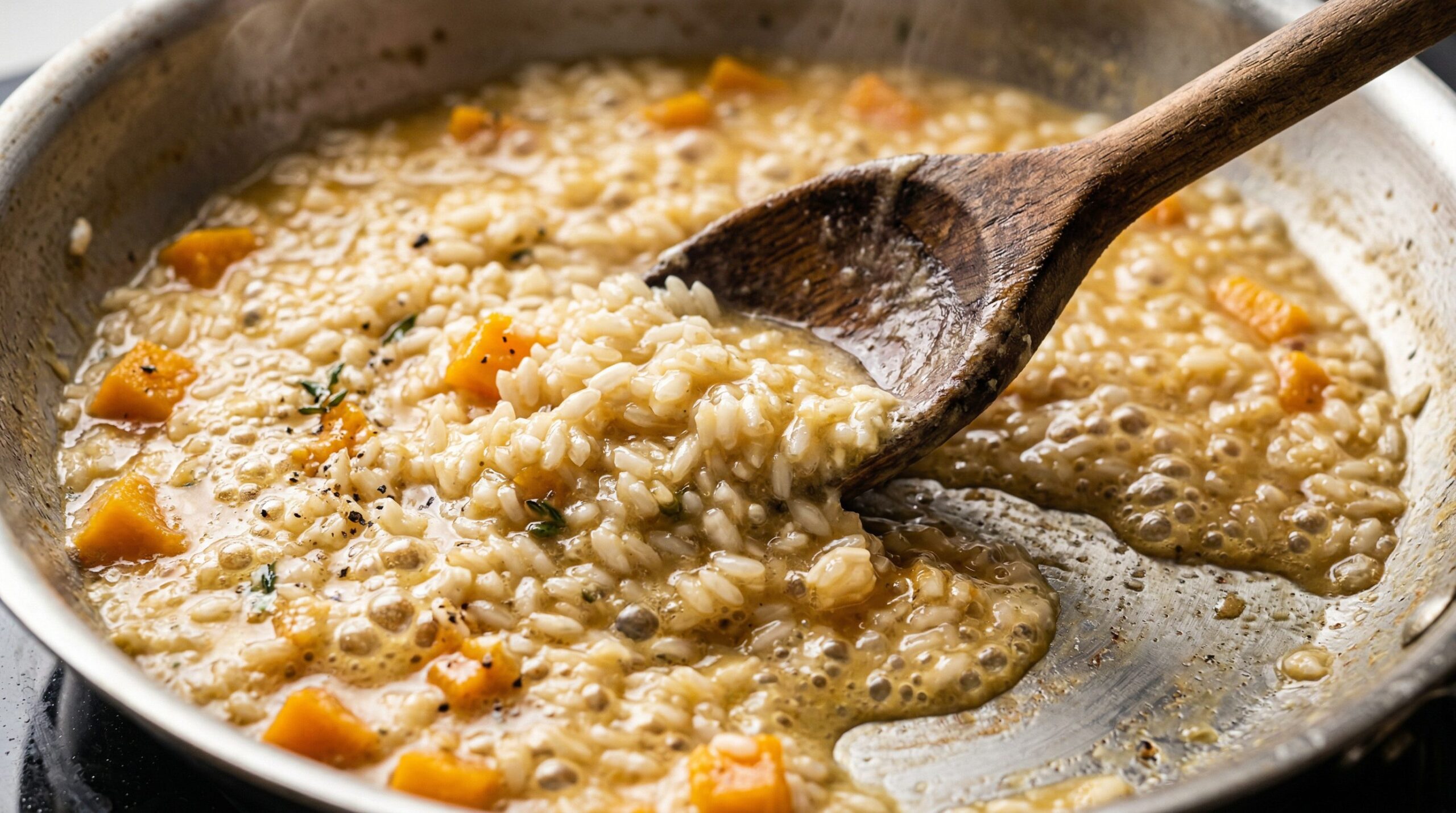 Risotto simmering as hot broth is stirred in, releasing starch into a creamy sauce