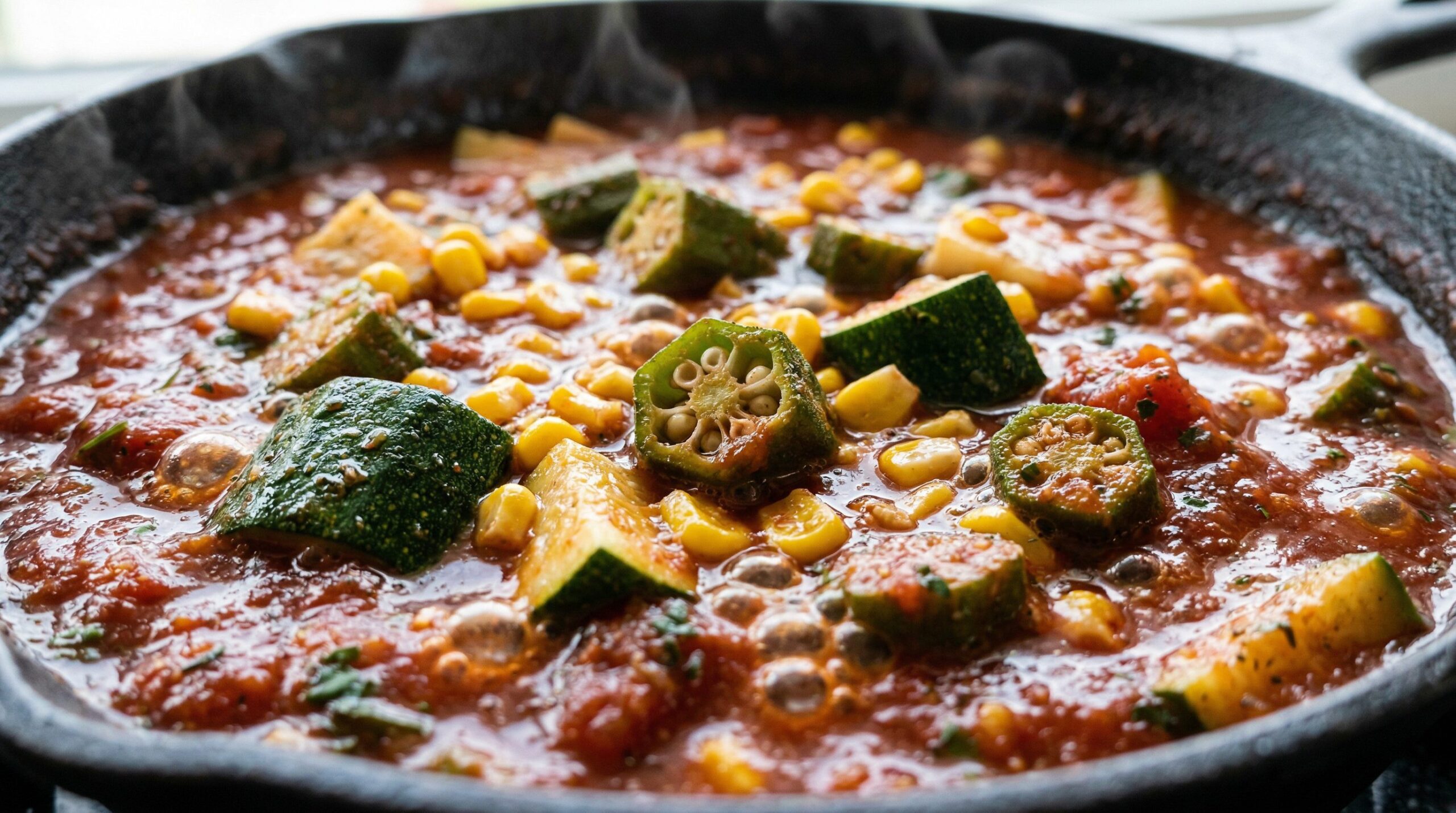 Succotash vegetables simmering in a spiced crushed-tomato broth in a skillet