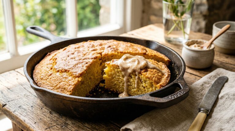 Stunning plated serving of Skillet Cornbread & Cinnamon Butter, a chef-tested recipe by Chef Jorj Morgan.