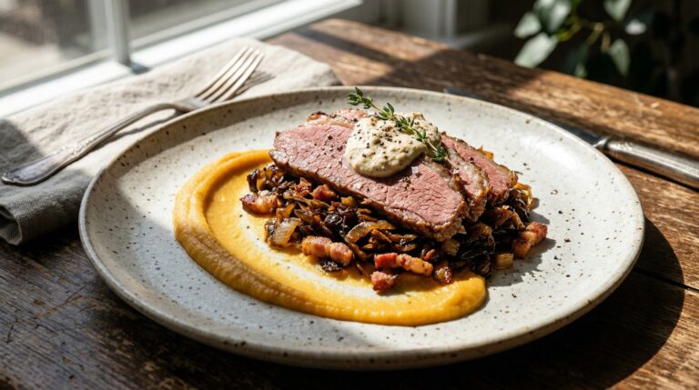 Stunning plated serving of Slow-Cooker Corned Beef with Root Vegetable Puree, a chef-tested recipe by Chef Jorj Morgan.